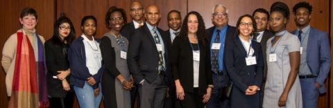 Assistant Dean of Students Heather Cole, Law’96 (far left), Michael Coleman, Law’17 (middle), and Stella Gore, Law’18 (2nd right), with student and alumni participants during the BLSA–Queen’s speed mentoring event. (Photo by Jay Paris)