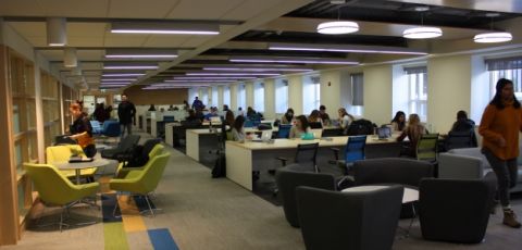 Queen’s Law students go about their studies in the school’s new Learning Commons.