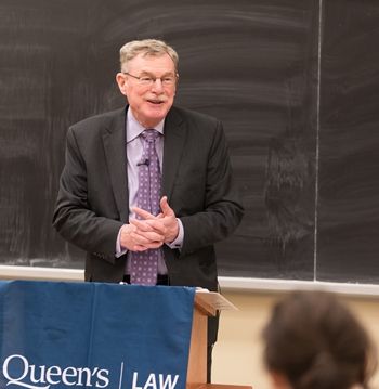 Integrity Commissioner David Wake, Law’72, delivers the lecture “Conflicts for Lawyers, Judges and in the Public Service: Overlapping Legal and Ethical Challenges” in Macdonald Hall on April 7. (Photo by Andrew Van Overbeke)