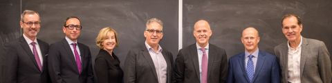 Dean Bill Flanagan and Professor Mohamed Khimji with the first “Law as a Launchpad” panelists: Brenda MacDonald, Law’92, Sam Altman, Law’82, Richard Tory, Law’89, Edward Boomer, Law’89, and Jim Walker, Law’81. (Photo by Andrew Van Overbeke)