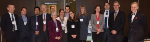 Dean Bill Flanagan (2nd right) with graduates at Queen’s Law’s first-ever alumni reception in Montreal on Nov. 10 (Photo by Viki Andrevska)