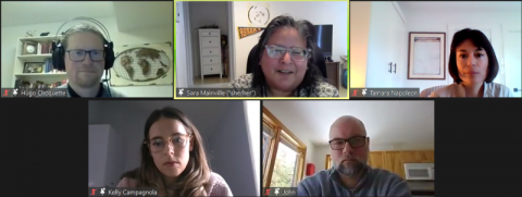 Discussing views of the legal profession and the role of Indigenous law and legal reconciliation are: (top row) moderator Hugo Choquette, Law’05, LLM’10, PhD’17; and panelists Sara Mainville, Law’04; Tamara Napoleon; (bottom row) Kelly Campagnola; and John Rowinski, Law’00.