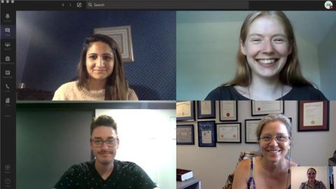 QFLC student caseworkers Alisha Thakkar (top left) and Lena Macnicholas (top right), meet via Microsoft Teams with Administrative Assistant Derek Cannon (bottom left), Director Karla McGrath (bottom right) and Review Counsel Jane Mundy (inset bottom right).