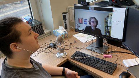 I.T. staff member Shaun Leung works with Queen's Law faculty member Alyssa King on setting up remote teaching as Queen's pivots to online learning for the rest of the semester, as part of the overall COVID-19 response. 