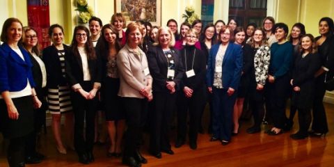 Justices Beaman, Trousdale, Macfarland and Robertson (middle) with Queen’s Law students and Career Development Director Gillian Ready (far left) at the University Club.