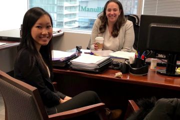 Rachel Hung, Law’21, with her Shadow Program host, Sarah Spitz, Law’17, in Toronto’s Rayman Beitchman LLP, where Hung learned what it’s like to practice in a boutique firm. “Because of the relationship and conversations I had with Sarah, I now see her as a mentor who I can reach out to any time and who will always be happy to help.” 